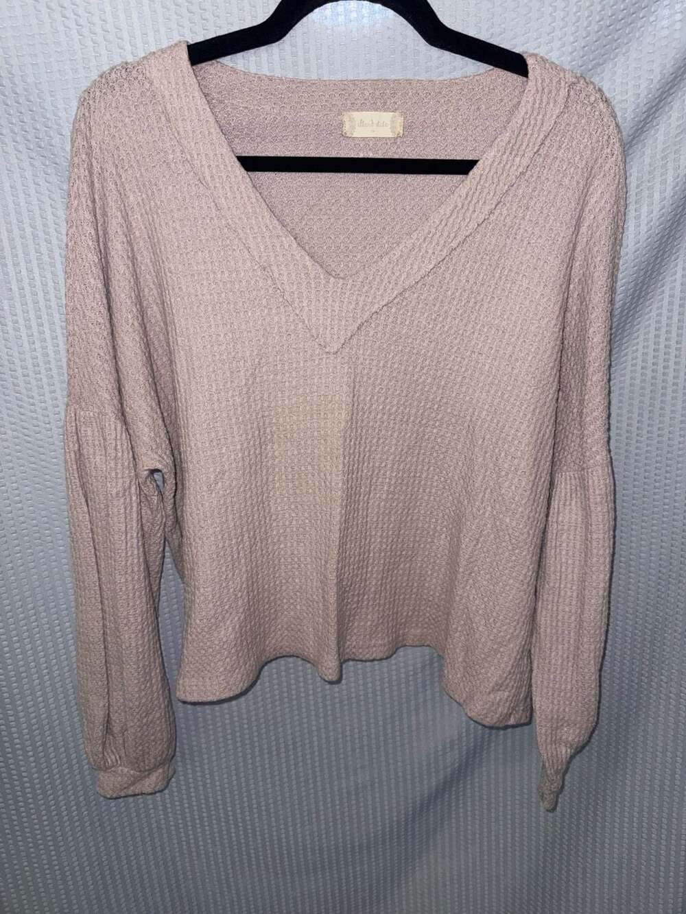 Altar'd State Pink V-Neck Waffle Knit Balloon Sleeve Sweater